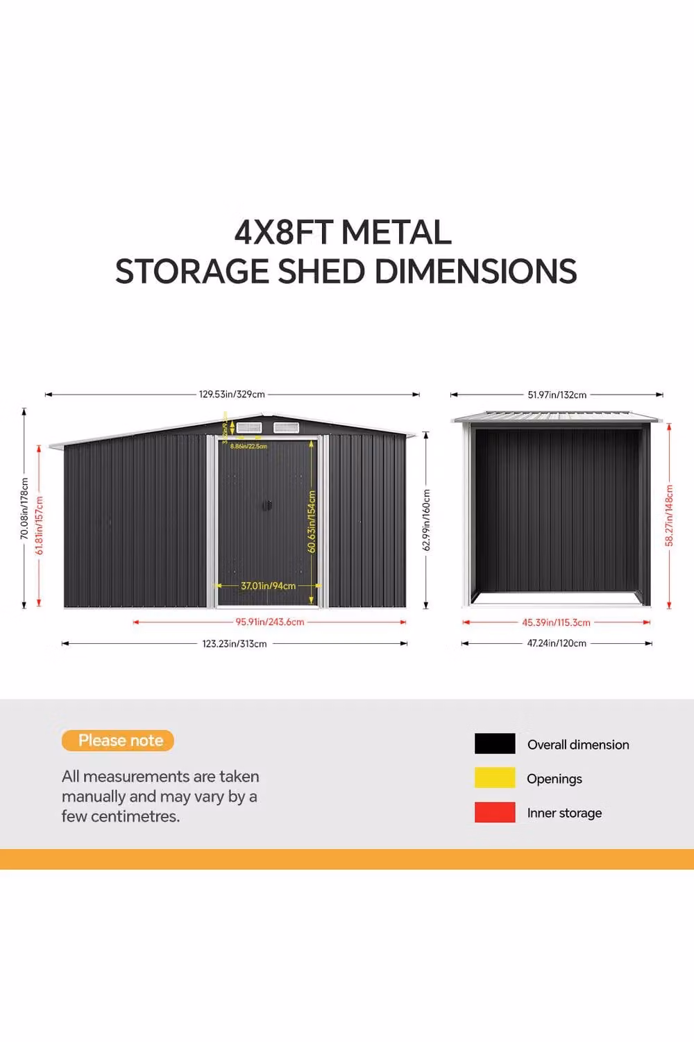 Garden Sanctuary Modern Metal Garden Storage Shed with Gable Roof in Grey, W/D/H: 243.84 x 121.92 x 121.92 cm – 3