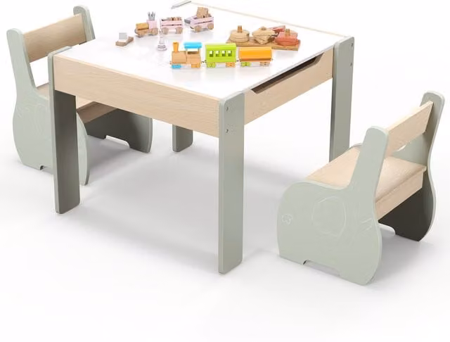Costway Childrens Writing Desk and 2 Chairs Set in Green and White