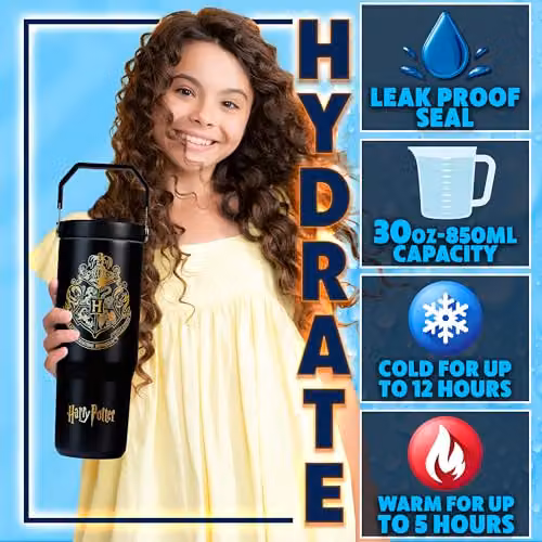 Get Trend Harry Potter Insulated Metal Travel Tumbler with Flip Up Straw and Handle, Black, 850ml – 2
