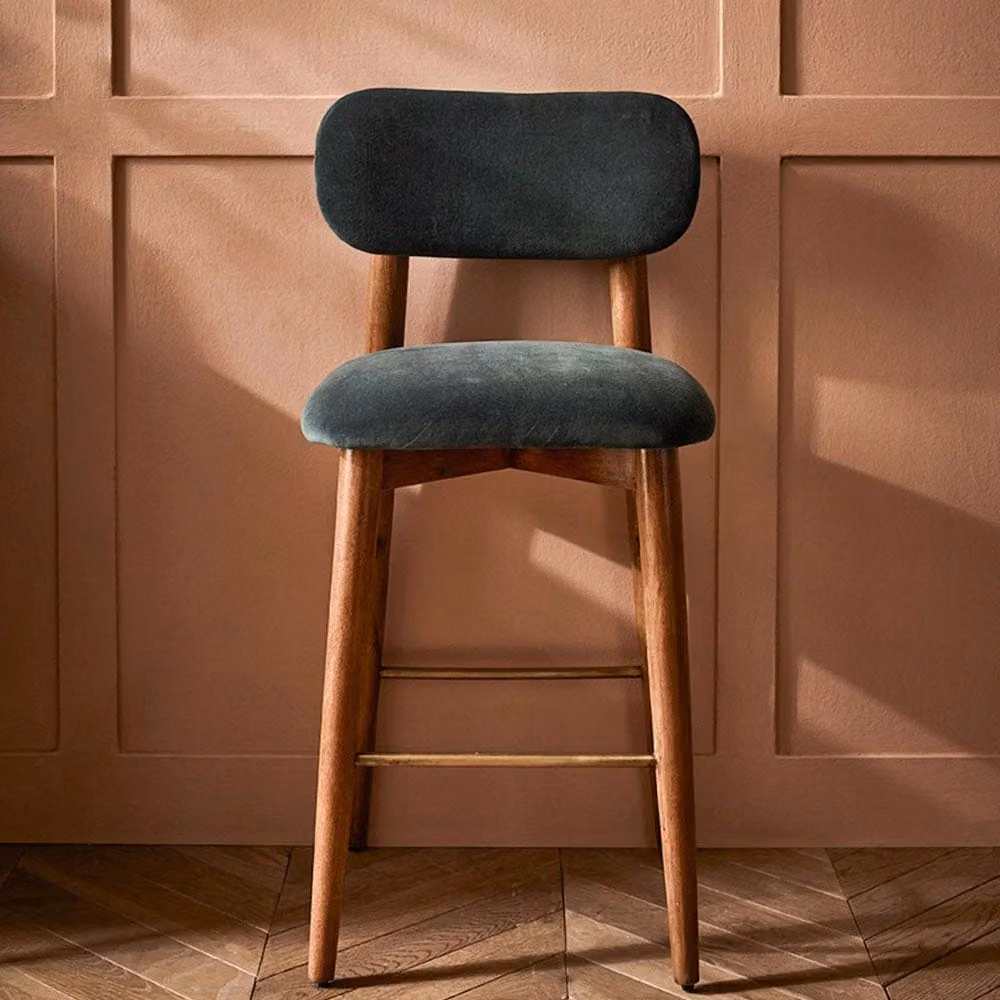 Atkin & Thyme Layla Bar Stool in Petrol Blue Velvet with Mango Wood and Metal Frame