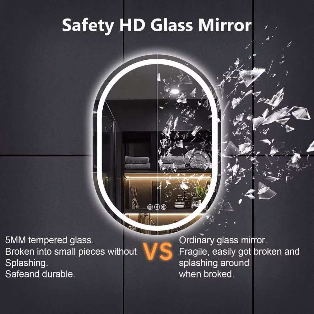 PAWNORA Illuminated Bluetooth Oval Bathroom Mirror with LED Light, Silver, W: 60 cm, H: 80 cm – 4