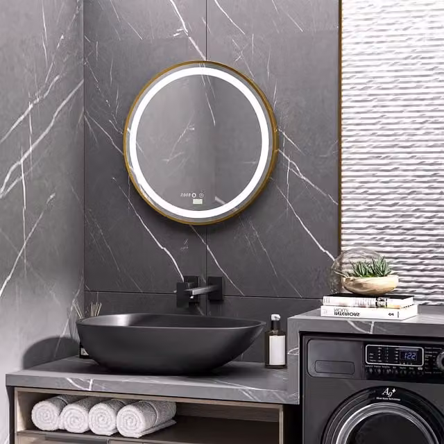 kleankin Round Dimmable LED Wall-Mounted Bathroom Mirror with 3 Light Colours in Gold