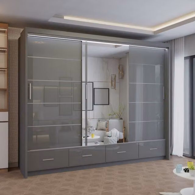 Sliding Wardrobes 4U Modern High Gloss Sliding Wardrobe with Integrated LED Light, Grey, W: 255 cm, H: 220 cm