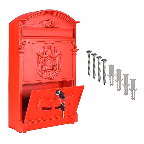 mysmartbuy Red Wall Mounted Lockable Letterbox in Galvanised Steel, H41 x W25.5 x D9 cm – 1