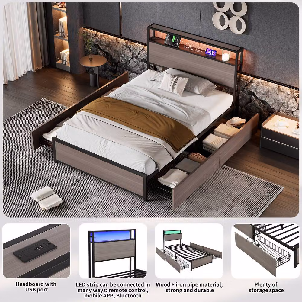 ModernLuxe Metal Single Bed in Grey with LED Strip, USB Charging Port and 4 Drawers, W/D/H: 90 x 190 x 105 cm – 4
