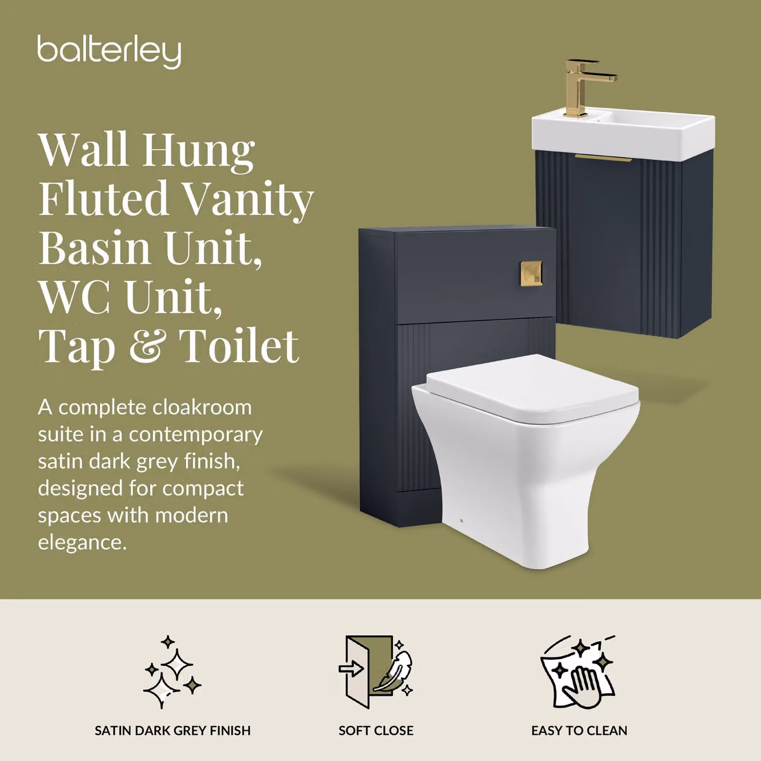 Balterley Modern Wall Mounted Grey Cloakroom Vanity Unit with Anthracite Brass Tap Set and Ceramic Toilet – 2