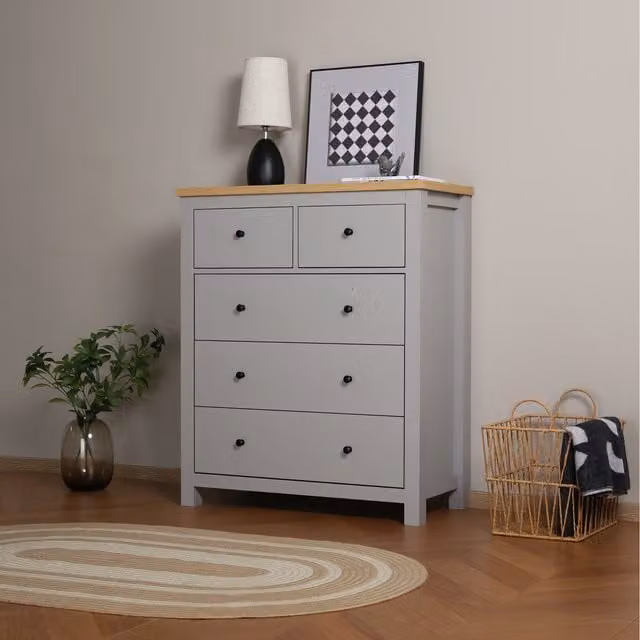 Wiltshire Grey 5 Drawer Chest with Wooden Top
