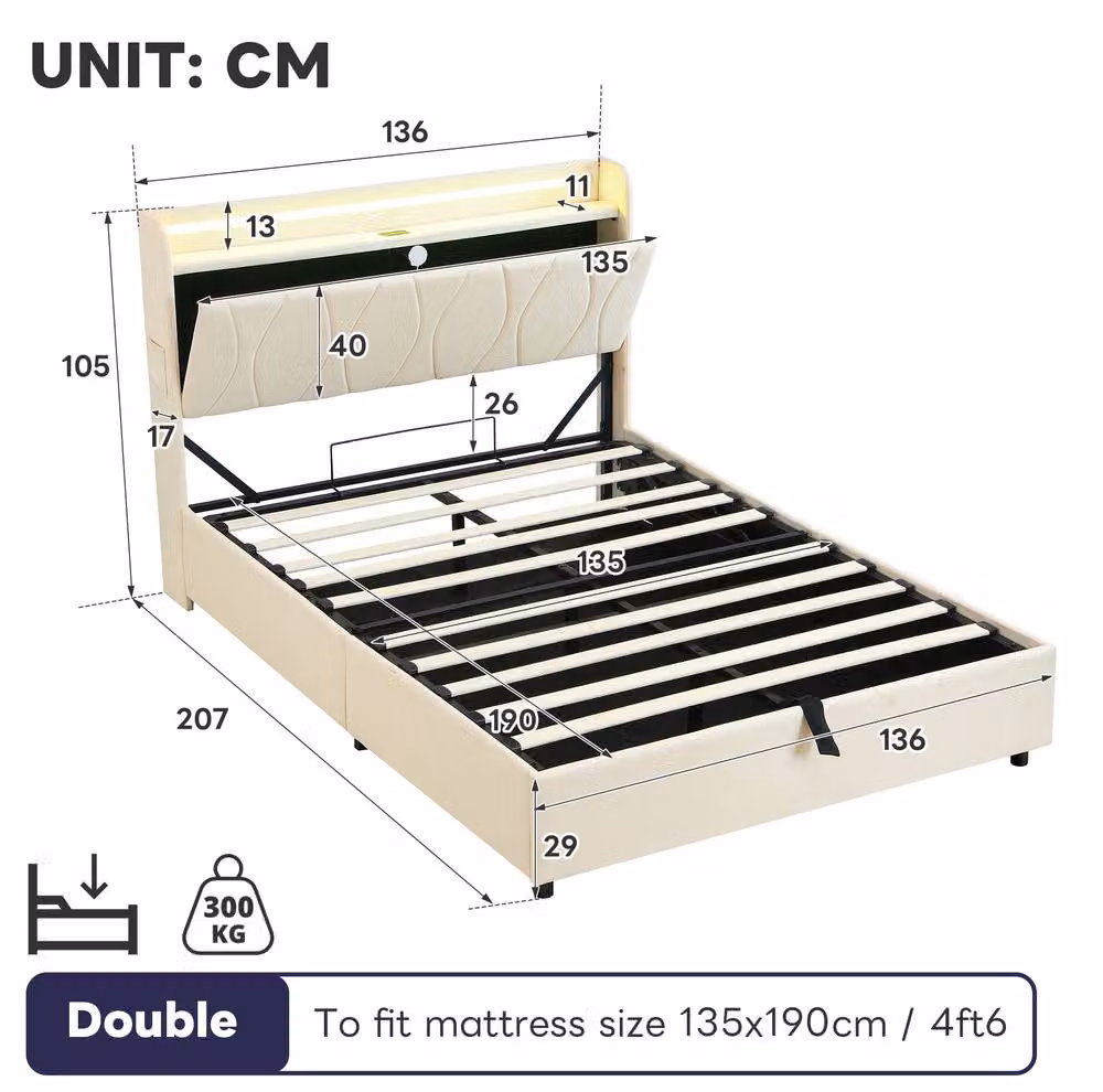 STILVORA Double Upholstered Bed Frame with Storage, LED Under-Bed Lighting and USB Charging Ports, Beige, W: 140 cm, D: 200 cm, H: 137 cm – 3