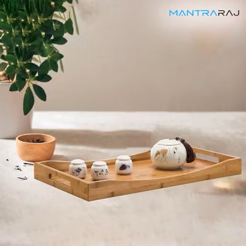 Mantraraj Brown Bamboo Rectangular Serving Tray with Handles – 6