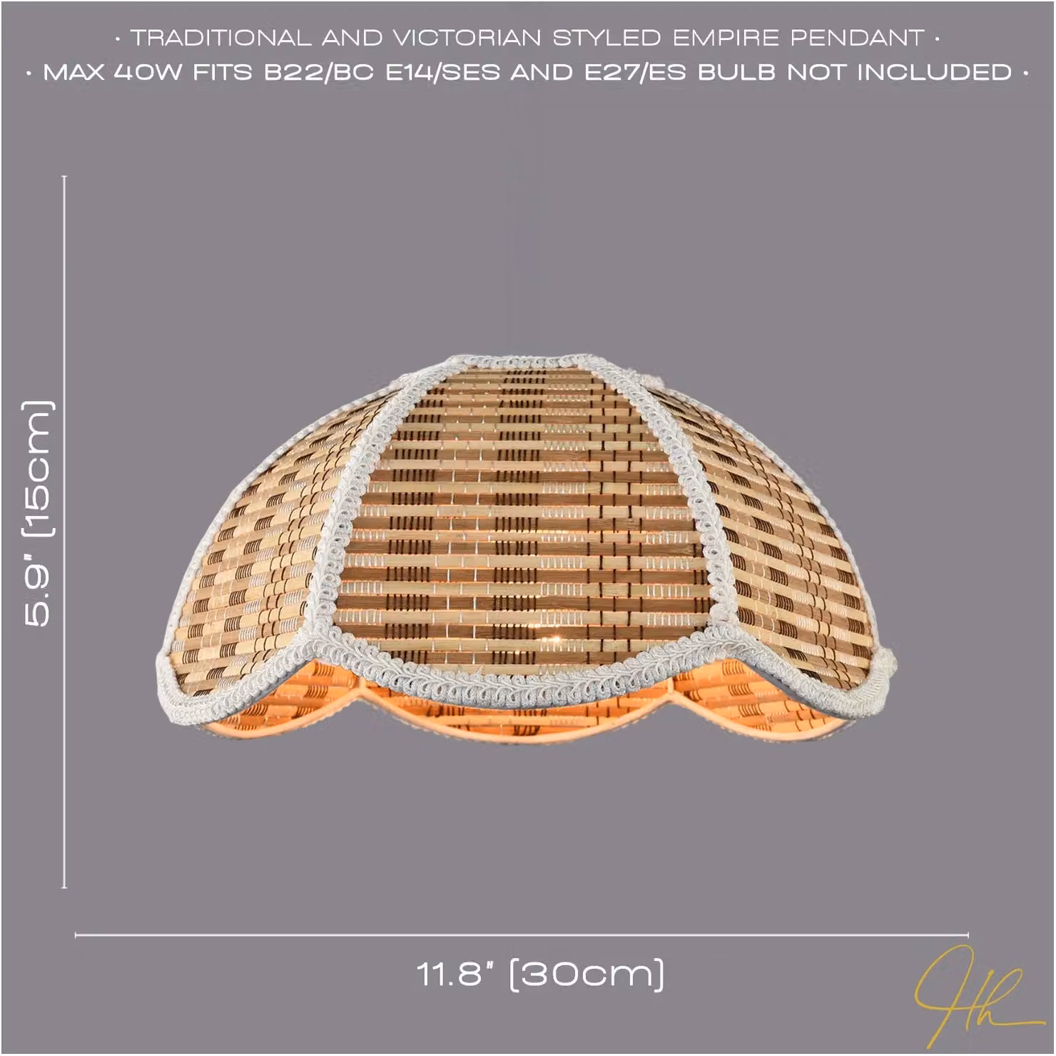 Happy Homewares Vintage Victorian Rattan Pendant Shade with White Embroidered Trim in Brown – 3