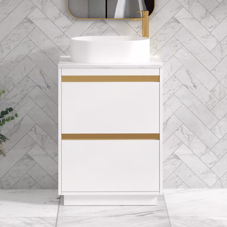 Royal Bathrooms Orion 600mm Matt White Floor Standing 2 Drawer Vanity Unit with Peak Basin and Brushed Brass Accent Trim
