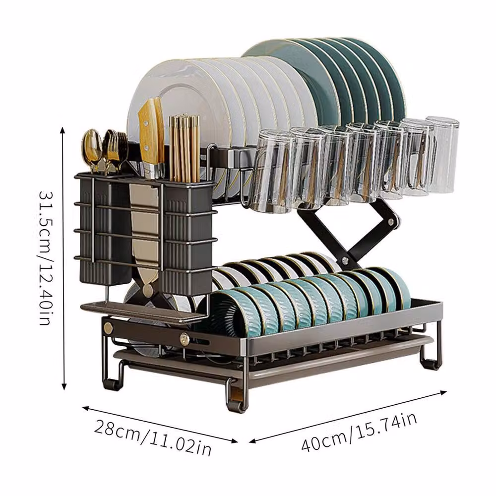 Kelvenix 2-Tier Black Coated Steel Dish Rack with Drip Tray and Cutlery Holder – 2