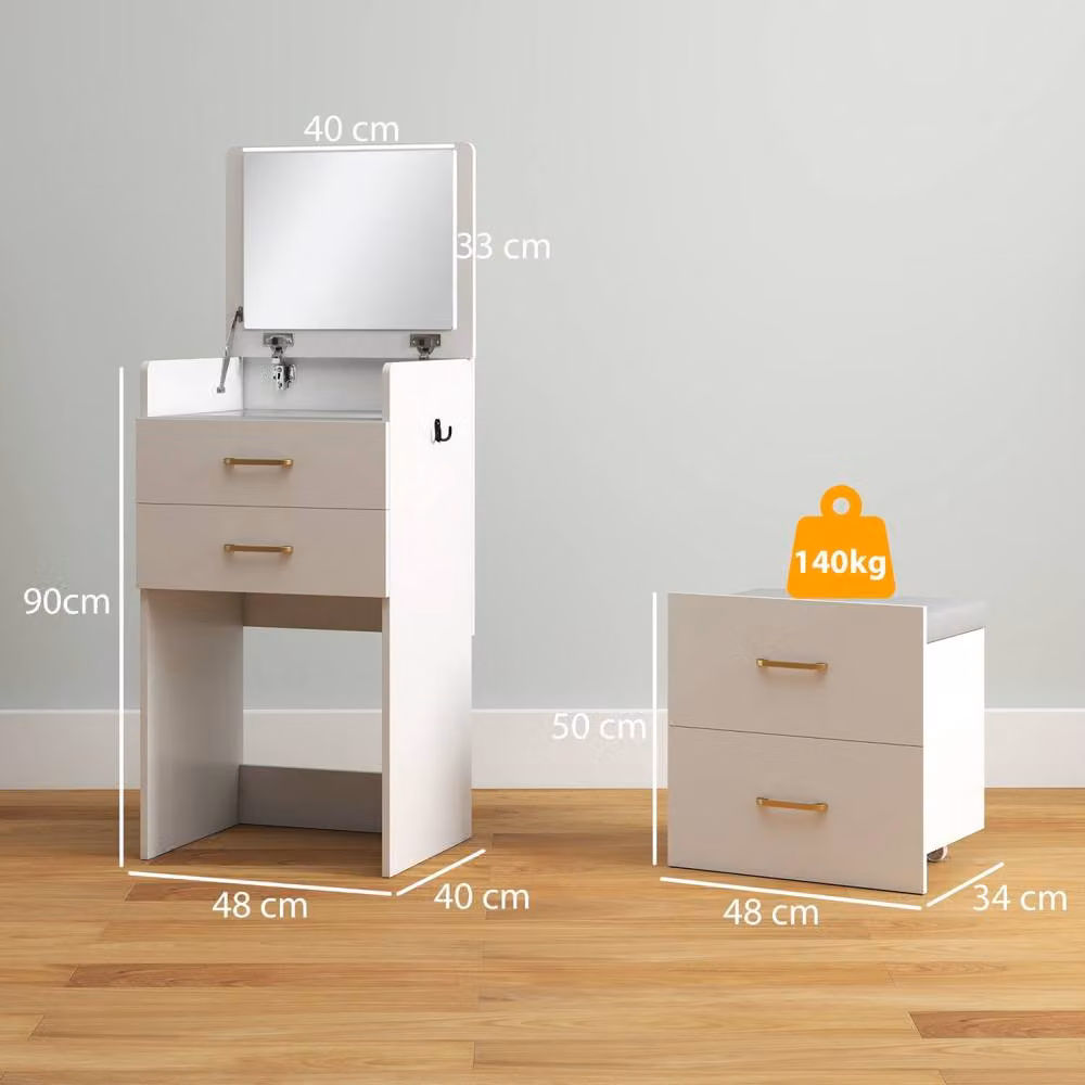 Wyld Haus Yova White Compact Dressing Table and Stool Set with Mirror and Storage, W/D/H: 90 x 40 x 48 cm – 3