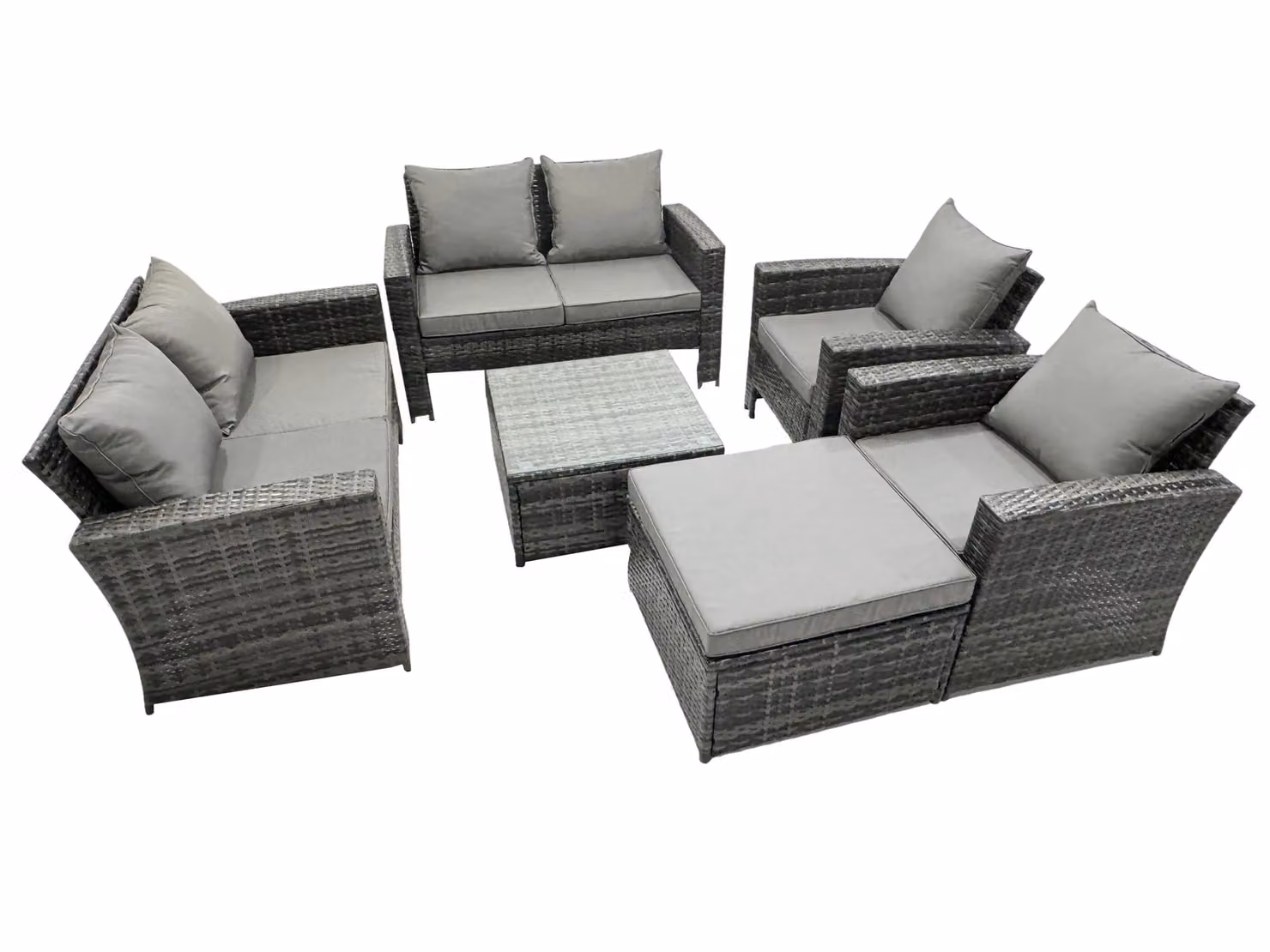 Fimous High Back Rattan Outdoor Furniture Set in Dark Grey Mixed with 2 Seater Sofa, Armchairs, Coffee Table and Ottoman – 2
