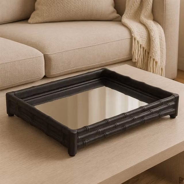 Orsina Hiba Rectangular Mirrored Tray with Black Bamboo Effect Metal Finish – 1