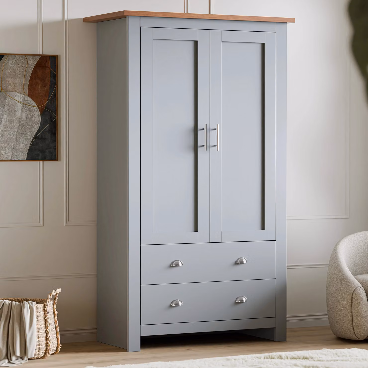 DHS Grey Shaker Double Wardrobe with Integrated Drawers and Soft Close Doors, H 180 cm x W 86 cm x D 52 cm