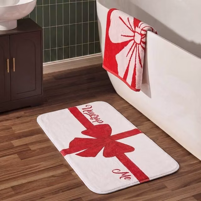 OHS Unwrap Me Slogan Bow Non-Slip Bath Mat in White – 1