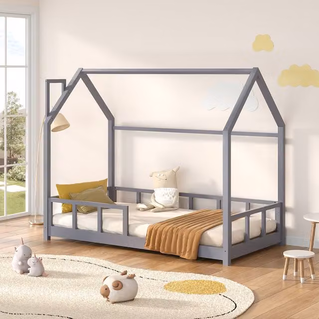 Kidkid Minimalist Solid Pine Wood House Bed Frame with Fence for Children, Grey
