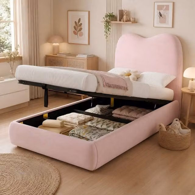 ModernLuxe Kids Single Ottoman Bed with Hydraulic Storage and Headboard in Pink – 1