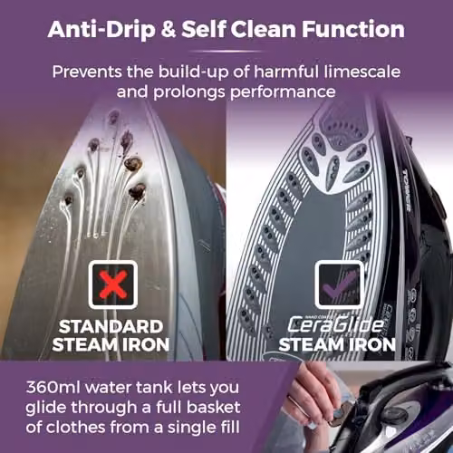Tower Steam Iron with Ceramic Non-Stick Soleplate and Anti-Calc System, Purple – 5