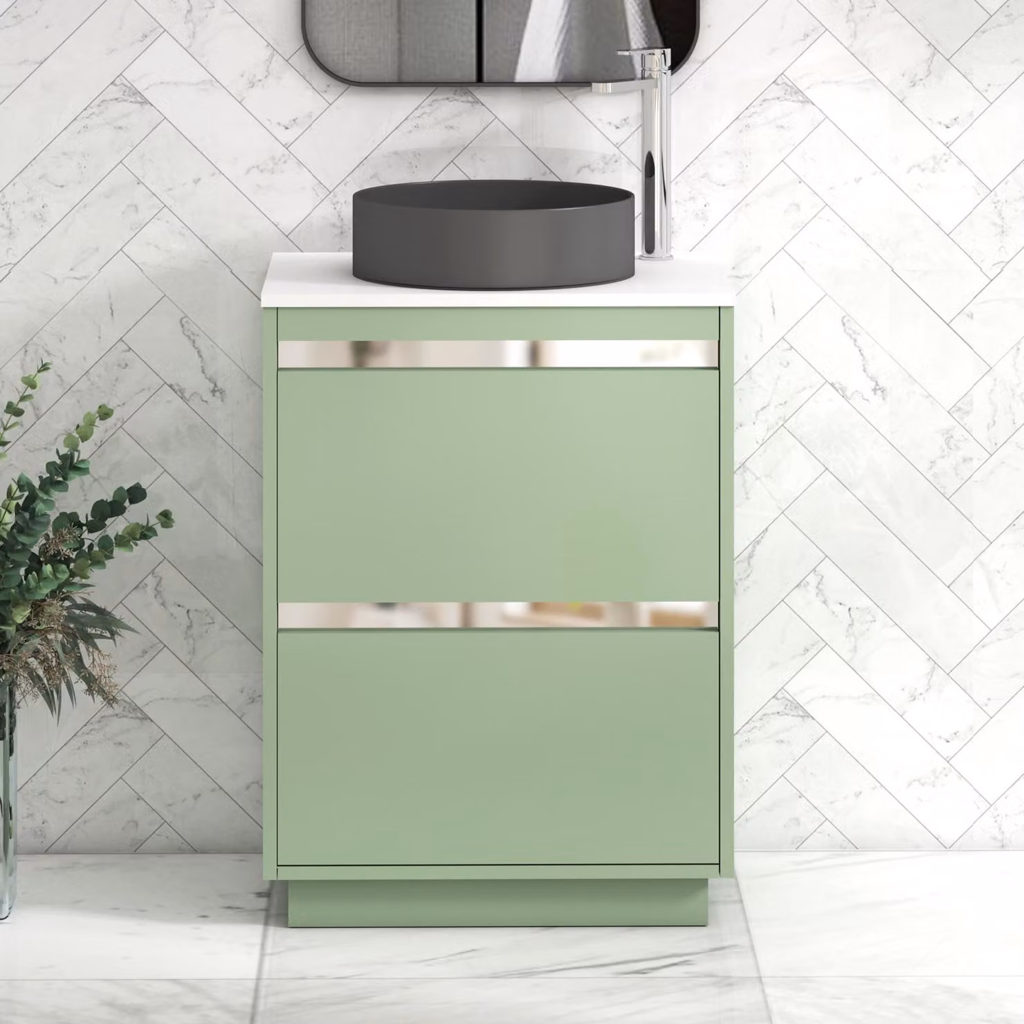 Royal Bathrooms Orion 600mm Mint Sage Floor Standing 2 Drawer Vanity Unit with White Art Round Basin and Chrome Trim