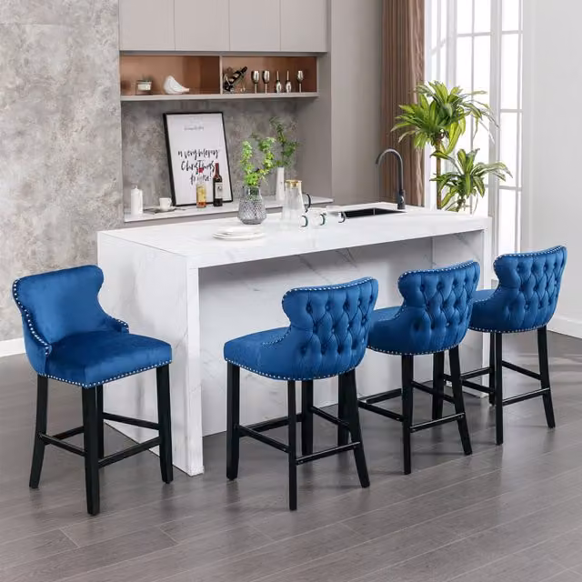 Set of 4 Contemporary Royal Blue Velvet Upholstered Wing Back Bar Stools with Wood Frames