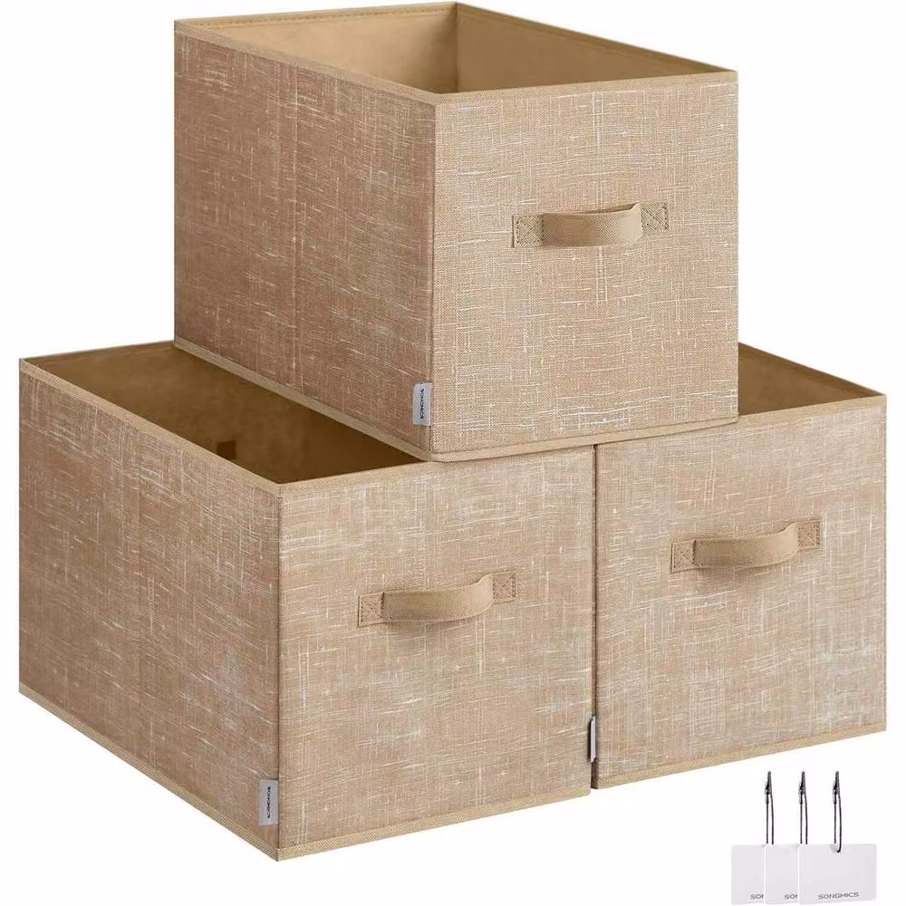 The Bazaarist Pack of 3 Large Foldable Fabric Storage Boxes with Handles and Label Holders, Beige in Light Sand – 2