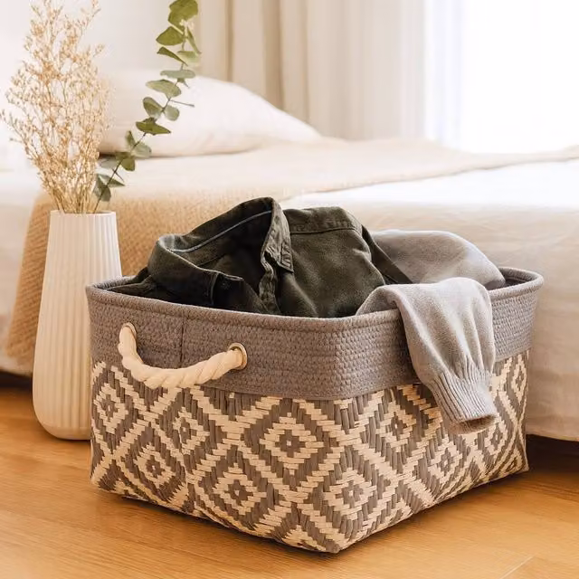 Voltico Grey Woven Diamond Storage Basket in Textured Cotton Rope – 1