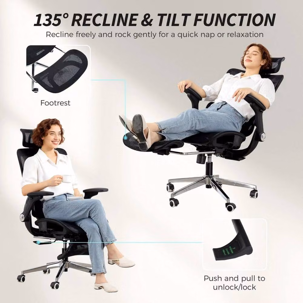 PAWNORA Ergonomic Mesh Desk Chair with Headrest and Lumbar Support in Black – 4