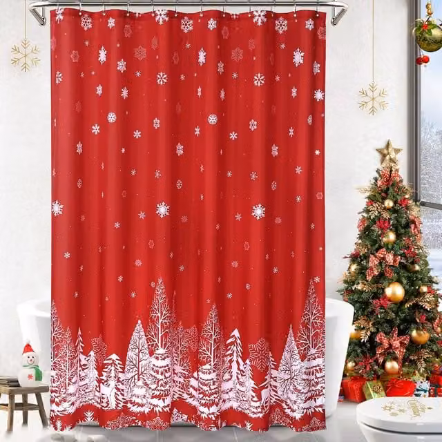 London Boutique Festive Christmas Waterproof Polyester Shower Curtain in Red and White, W/H: 182.88 x 182.88 cm – 1