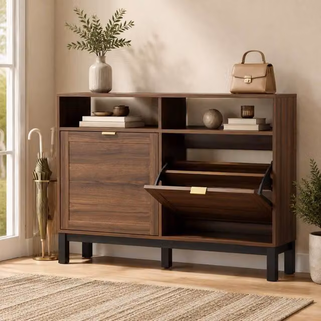 STILVORA Modern Shoe Cabinet in Brown with Tilting Compartments and Open Shelves – 1
