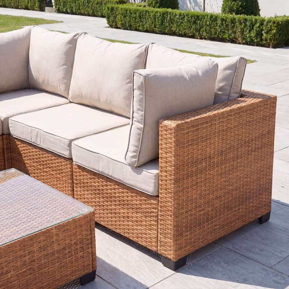 Artemis Home Saviano 5 Seat Modular L-Shaped Rattan Corner Set with Outdoor Coffee Table in Tan and Beige – 2