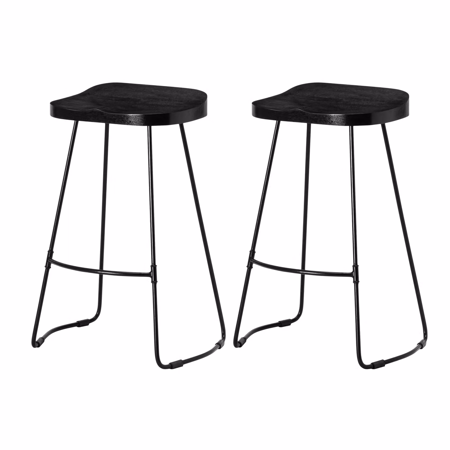 MH London Lara Set of 2 Solid Mango Wood and Black Iron Kitchen Island Counter Stools with Saddle Seats – 2