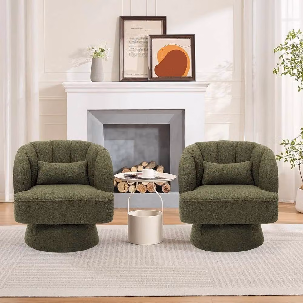VOGREX Modern Green Bouclé Swivel Accent Armchair with Armrests and Back Cushion – 3