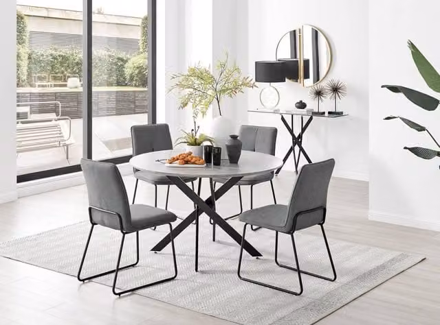 FurnitureboxUK Novara Round Dining Table and 4 Halley Chairs Set, Grey Concrete Effect with Black Legs and Dark Grey Chairs