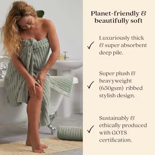 Misona Organic GOTS Cotton Ribbed Bath Towel, Green, W/D/H: 125 x 70 x 0 cm – 2