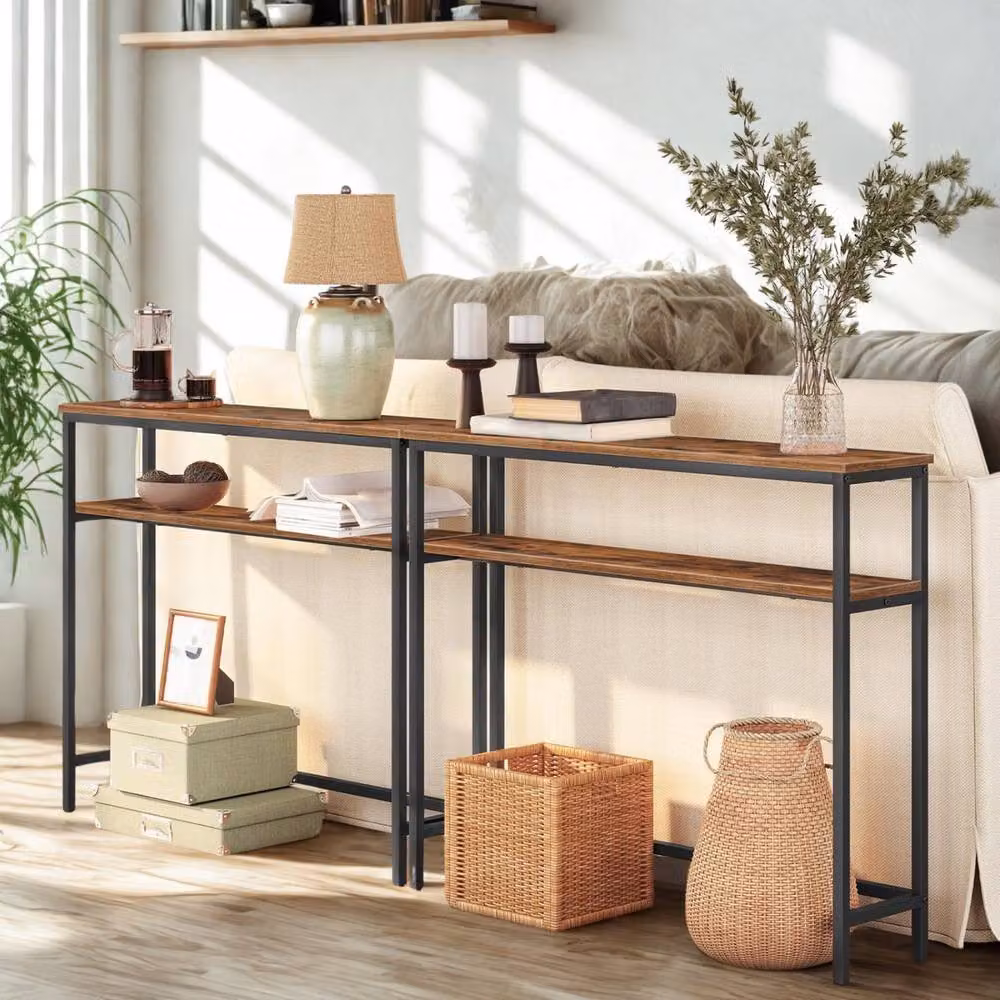 FURNOS 2 Tier Slim Hallway Console Table with Adjustable Shelves, Brown, W/D/H: 80 x 24 x 80 cm – 2