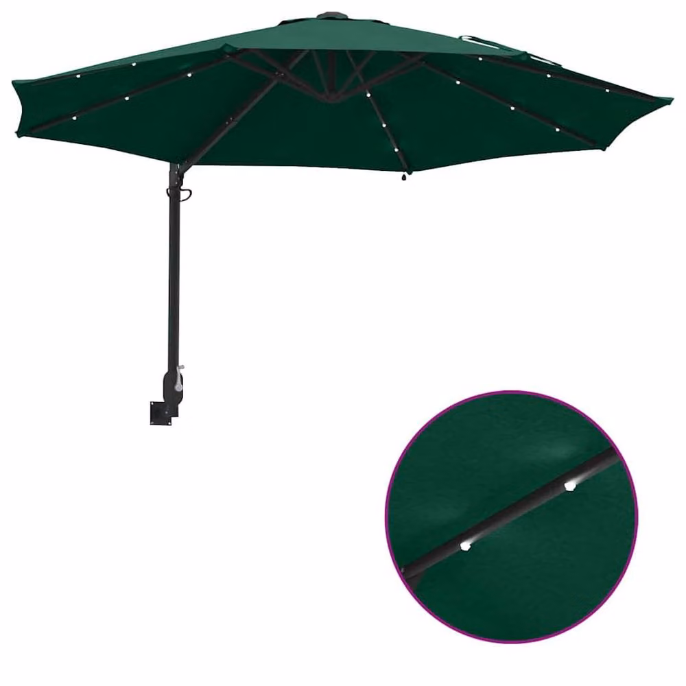 Berkfield Home Wall-mounted Garden Parasol with LEDs, Green, Diameter: 248 cm – 6