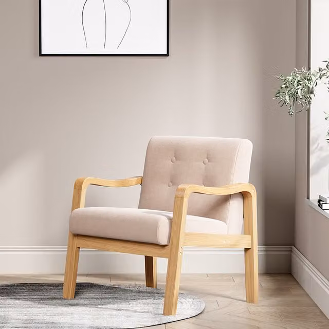 Livingandhome Retro Fabric Armchair with Solid Wood Frame and Armrests in Beige