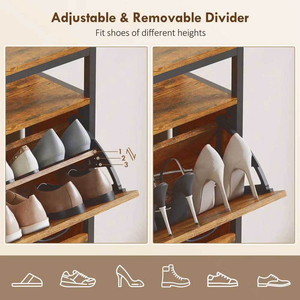 STILVORA Industrial Shoe Cabinet in Brown and Black with 4 Tilting Compartments and Open Shelf – 4