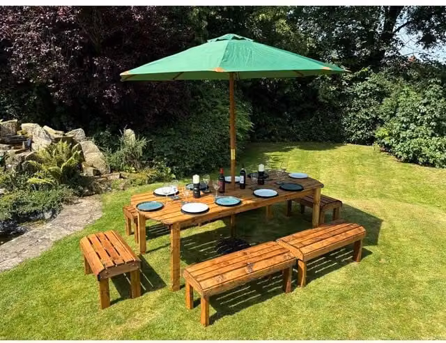 Charles Taylor Knights Ten Seater Garden Furniture Table Set in Brown and Green Wood