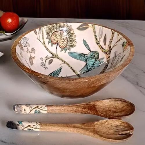 Hartsmede Handmade Mango Wood Serving Bowl Set with Matching Spoons, Beige Floral Design, Diameter: 30.48 cm