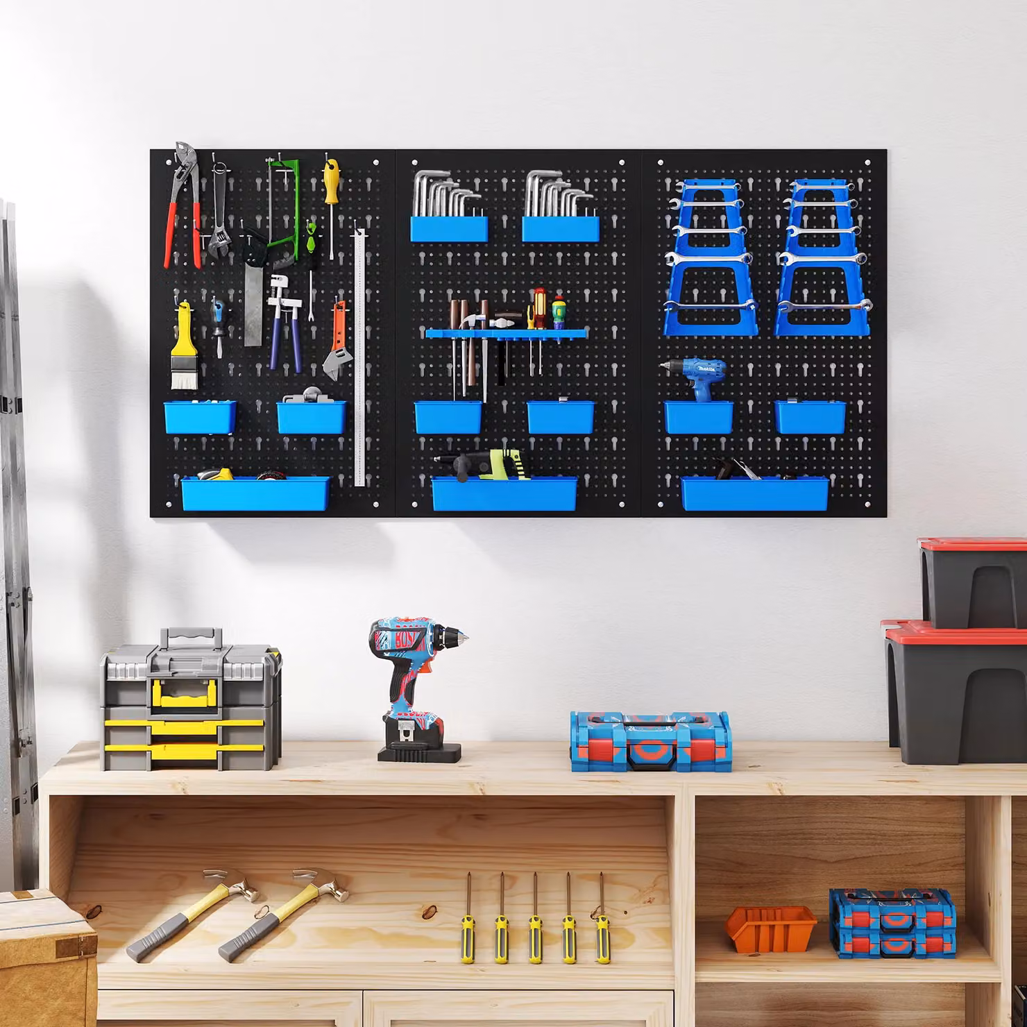 Costway Pegboard Wall Organizer with 9 Bins and Hammer Racks, Blue, W: 120 cm, H: 60 cm, D: 26 cm – 7
