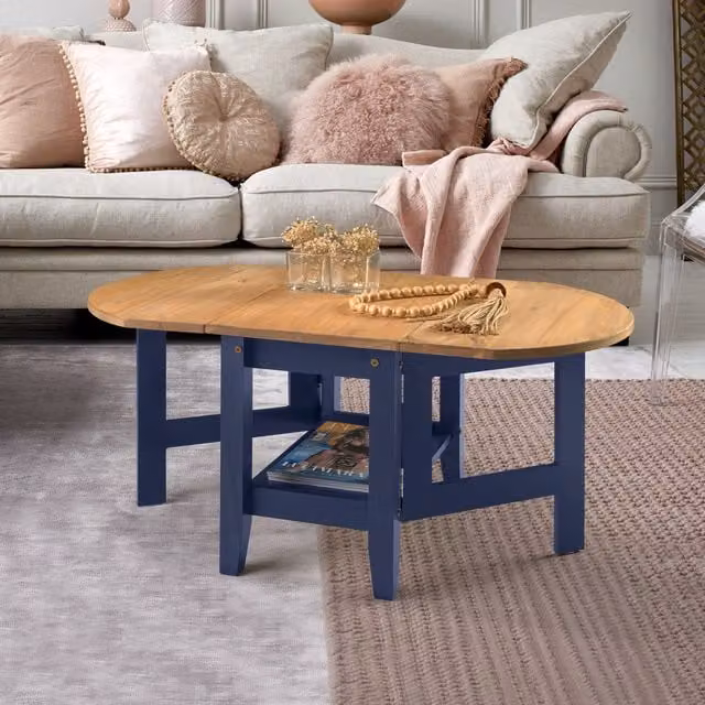 Seconique Santos Drop Leaf Coffee Table in Navy Blue and Distressed Waxed Pine