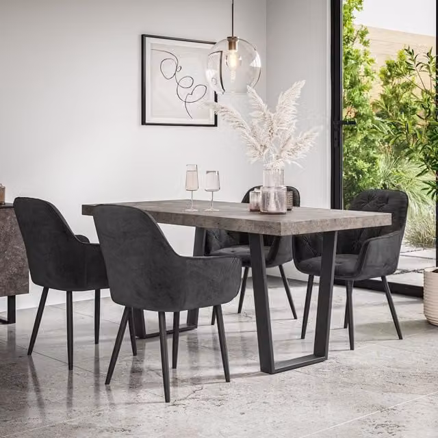 More4Homes Aria Dining Table and Anika Velvet Dining Chair Set, Concrete Effect Grey Table Top with Black Legs and 6 Upholstered Chairs, W/D/H: 160 x 76 x 80 cm – 1
