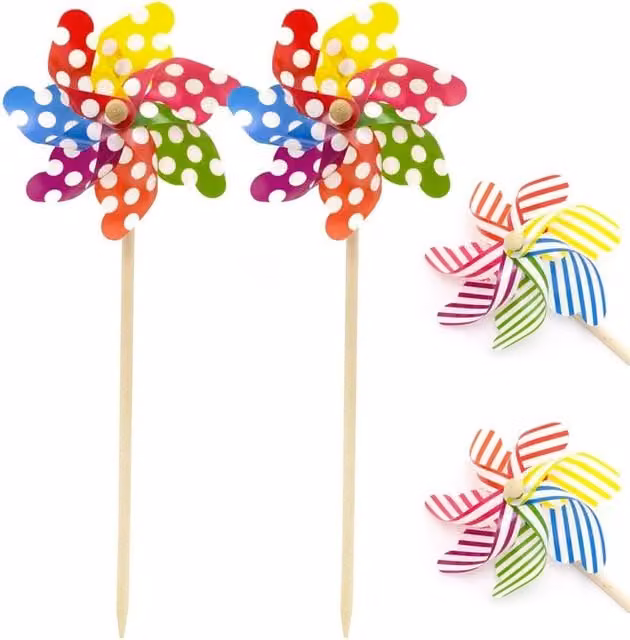 SPETLEK Multicolour Dotted Wooden Garden Pinwheel Spinners, Pack of 4, Height: 45 cm
