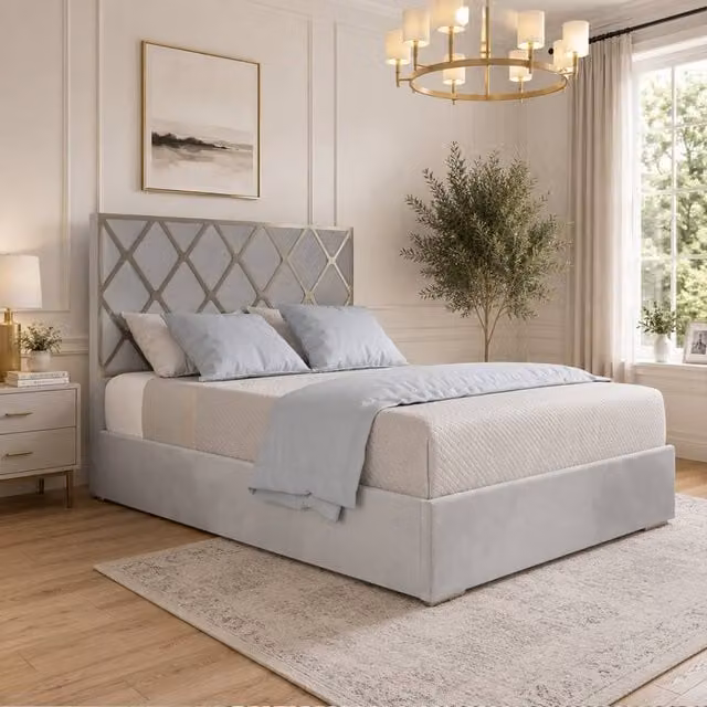KDMD Wilburton Upholstered Velvet Designer Bed Frame in Grey with Metal Accents, W/D/H: 140 x 200 x 127 cm – 1
