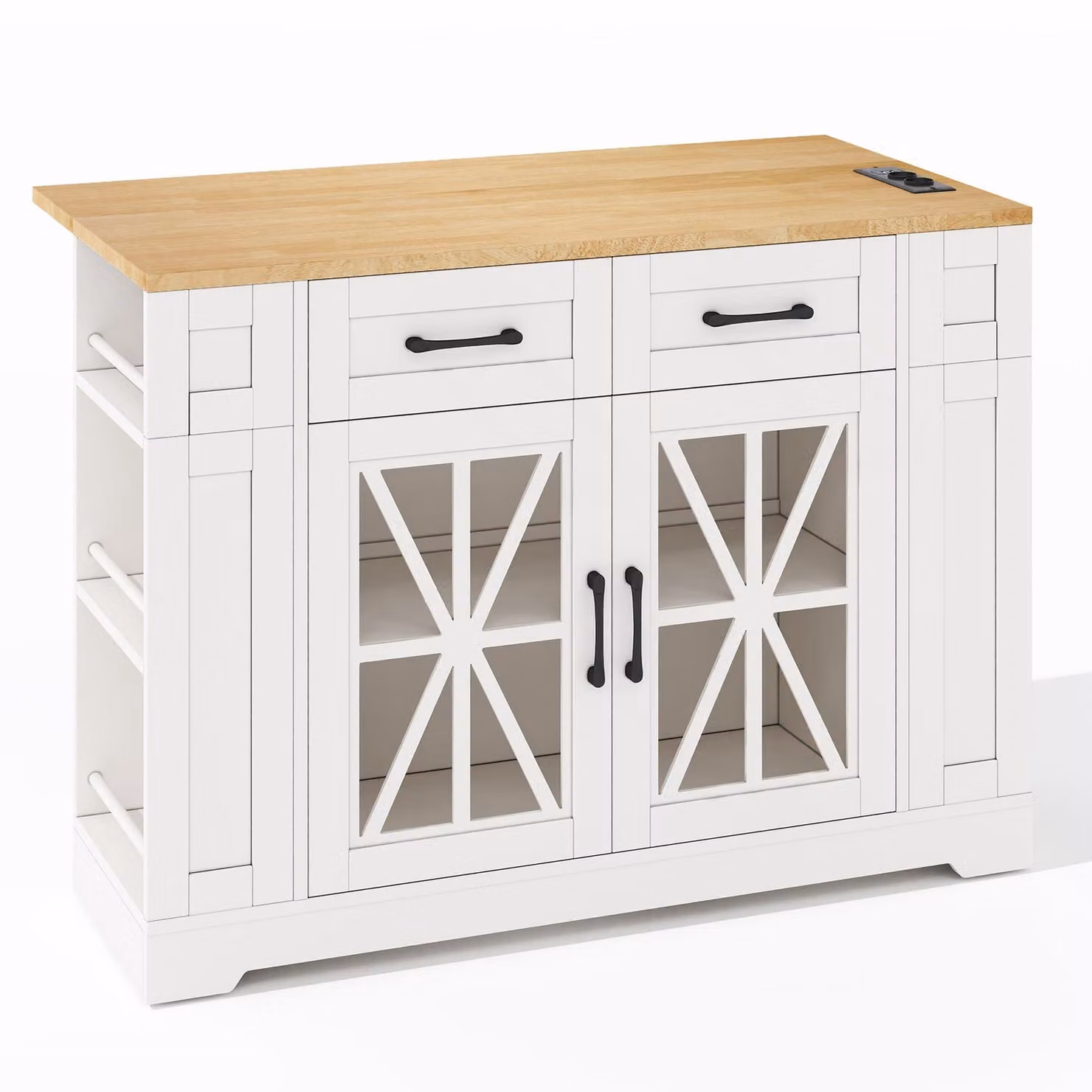 Aosom UK Mobile Kitchen Island with Foldable Tabletop and Sockets, White and Natural Storage Buffet with Adjustable Shelves, W: 65 cm, D: 65 cm, H: 92 cm – 1