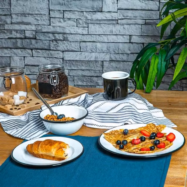 Argon Tableware 16 Piece White and Black Enamel Steel Dinner Set