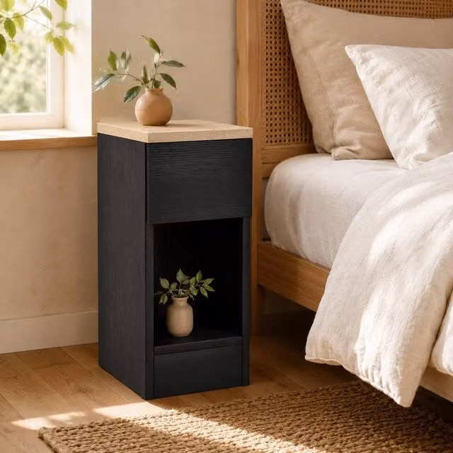 STILVORA Modern Black Bedside Table with Drawer and Shelf – 1